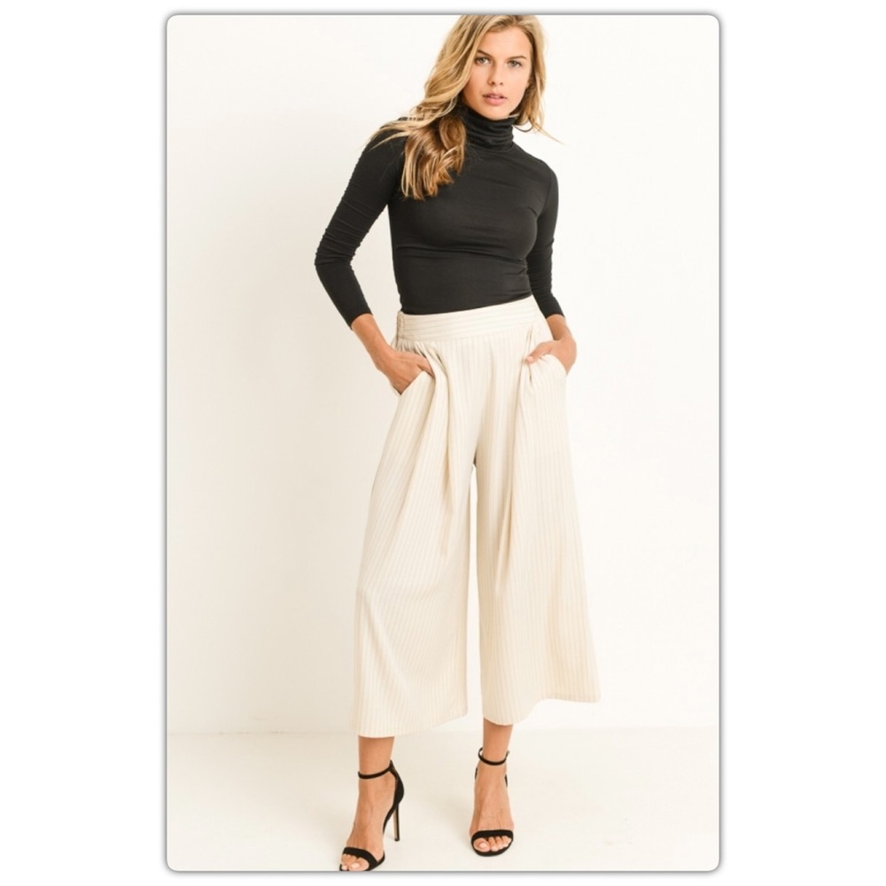 Cream Pinstripe Wide Leg Pants
